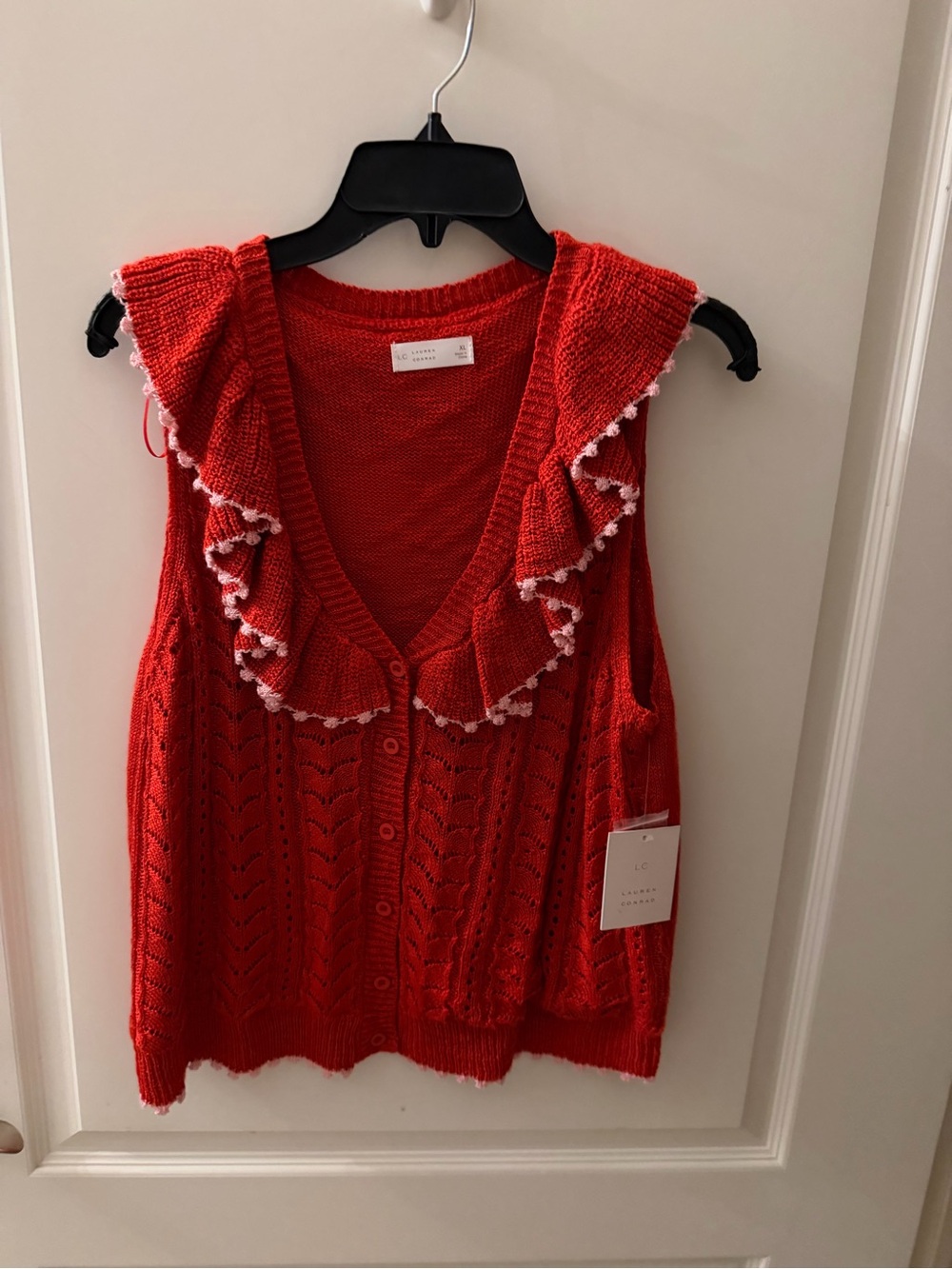 LC Lauren Conrad Red Ruffle-Trim Button Front Sweater Vest